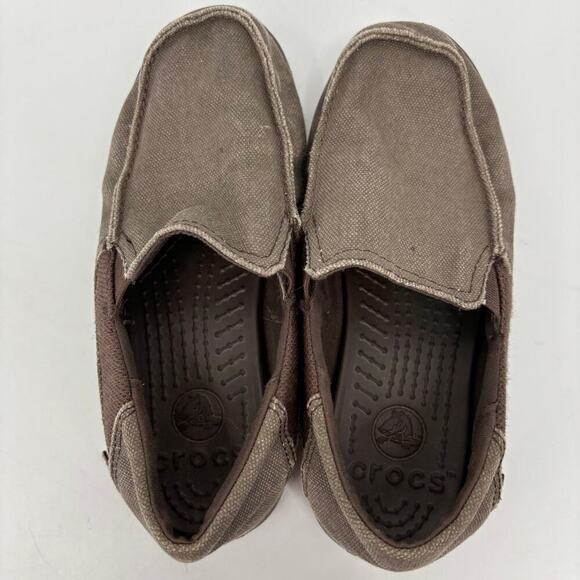 Crocs Santa Cruz Slip On Loafer Sandals Brown Canvas Unisex Kids Junior Size 2 - Picture 2 of 8